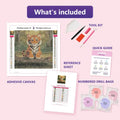 Thumbnail for Playful Tiger Cub 20x20cm diamond painting kit contents: adhesive canvas, color chart, tools and diamond bags