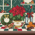 Thumbnail for Poinsettia, wreath and ornaments paint by numbers. Red poinsettia, green wreath, baubles, and lantern in a festive setting.