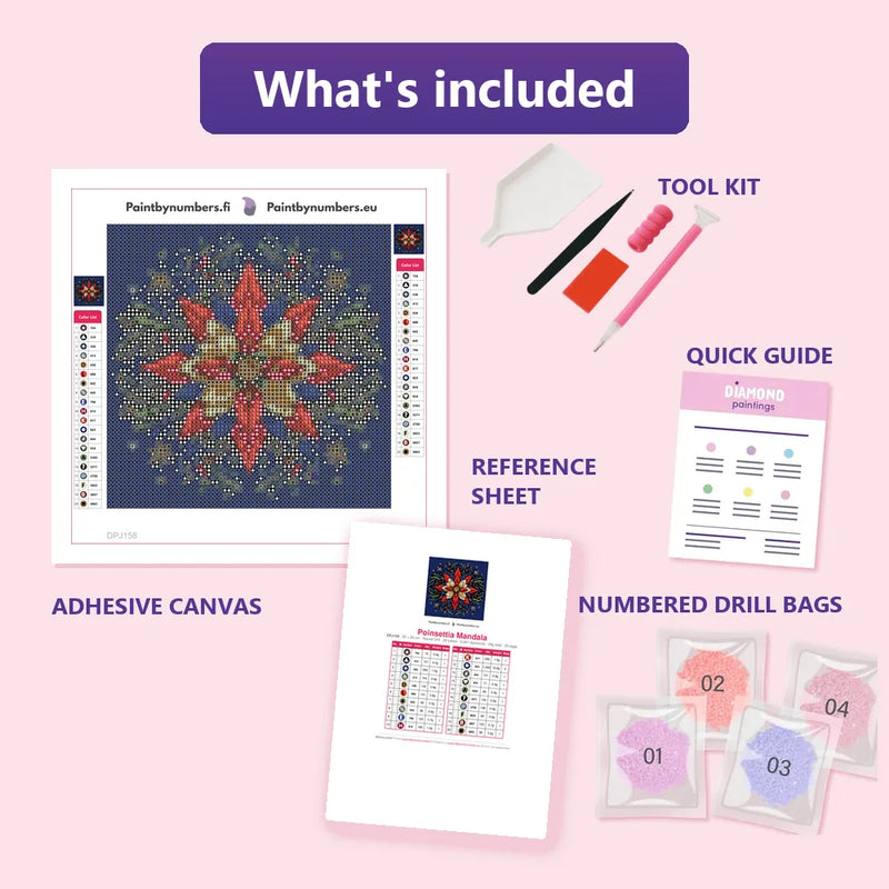 What is included in the Poinsettia Mandala diamond painting kit - adhesive canvas, reference sheet, tools and numbered drill bags
