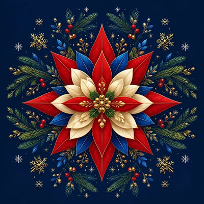 Diamond Painting of a poinsettia with gold accents and pine branches on a dark blue background.