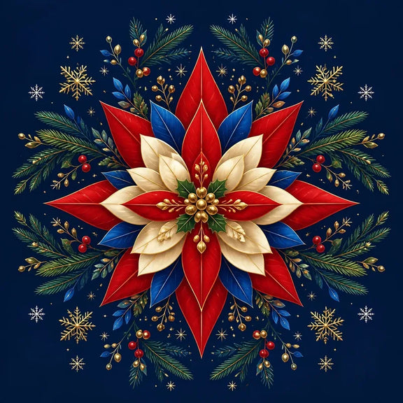 Julstjärna med gyllene detaljer, barrkvistar och snöflingor mot mörkblått