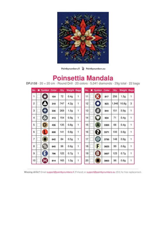 DMC color chart for Poinsettia Mandala diamond painting - 20 colors