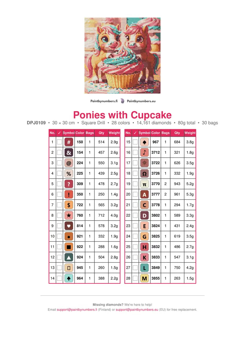 Color Chart for Ponies with Cupcake Diamond Painting – 28 DMC Colors