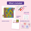 Thumbnail for What is included in the Pop Art Comic Cat diamond painting kit - adhesive canvas, reference sheet, tools and numbered drill bags