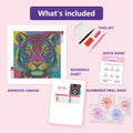 Thumbnail for What is included in the Pop Art Tiger in Magenta and Teal diamond painting kit - adhesive canvas, reference sheet, tools and numbered drill bags