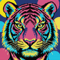 Miniatyrbild: Förhandsbild av diamantmönstret: tigerporträtt i magenta, turkos, gult och svart mot stora färgade cirklar