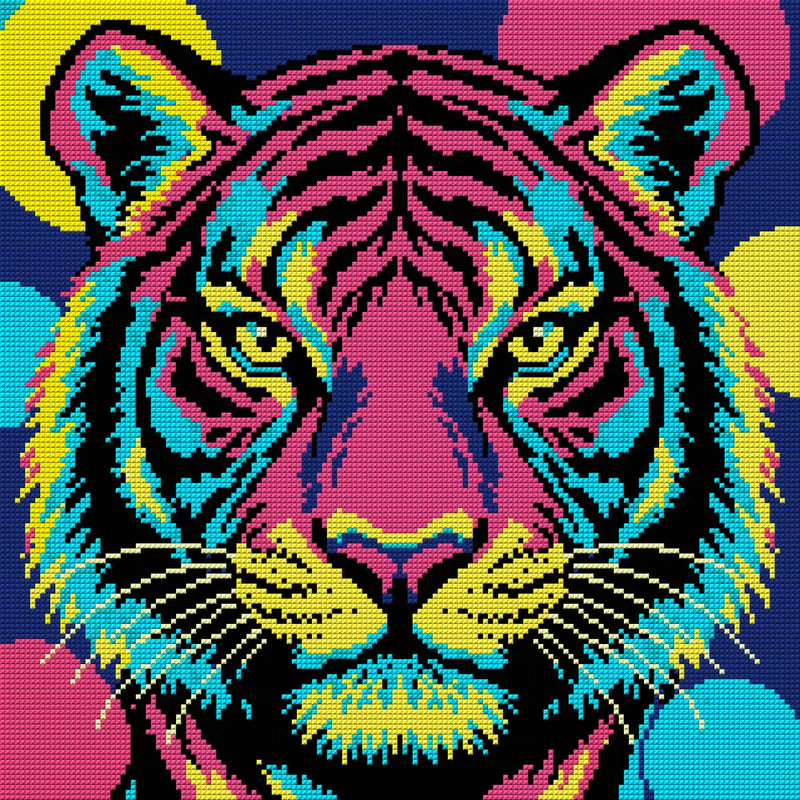 pop art tiger face in magenta and teal, 40x40 cm diamond painting – full design preview