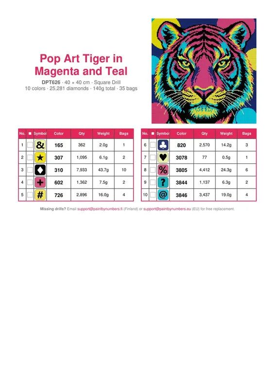 DMC color chart for Pop Art Tiger in Magenta and Teal diamond painting - 10 colors