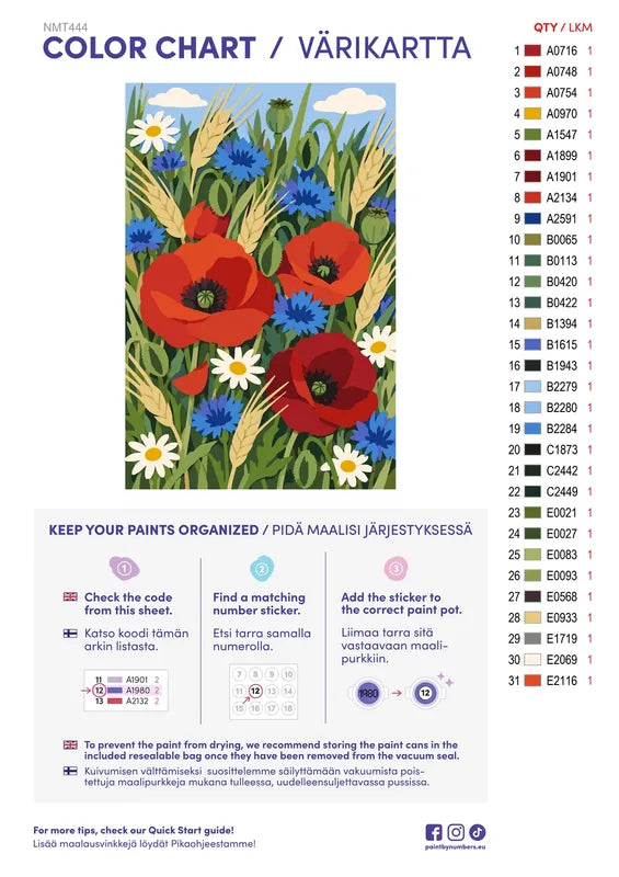 Paint color chart and instructions - Poppies at the Barley Edge 40x60cm