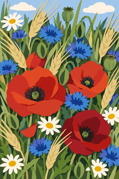 Paint by numbers of red poppies, blue cornflowers and daisies among grain ears at a field edge