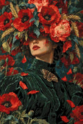 Thumbnail for Woman with large poppy hat paint by numbers. Red flowers and green dress.