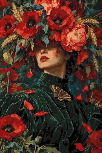 Woman with large poppy hat paint by numbers. Red flowers and green dress.