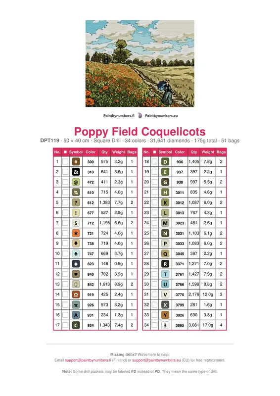 DMC color chart for Poppy Field Coquelicots diamond painting - 34 colors