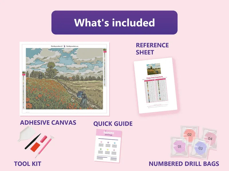 Poppy Field Coquelicots 50x40cm diamond painting kit contents: adhesive canvas, color chart, tools and diamond bags