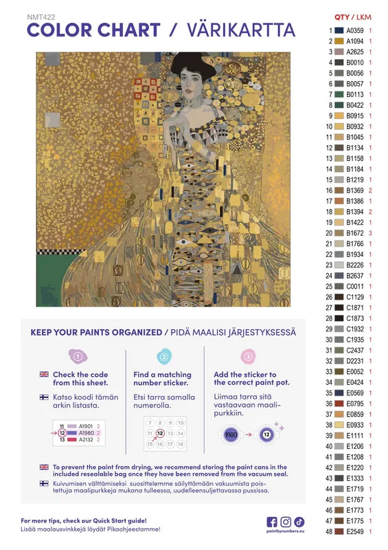 Paint color chart and instructions - Portrait of Adele Bloch-Bauer I 50x50cm