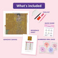 Thumbnail for portra 50x50cm diamond painting kit contents: adhesive canvas, color chart, tools and diamond bags