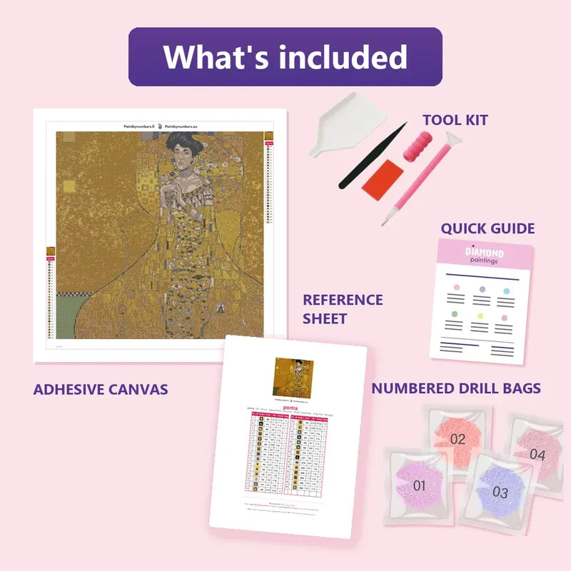 portra 50x50cm diamond painting kit contents: adhesive canvas, color chart, tools and diamond bags
