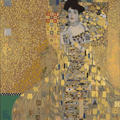 Paint by numbers of Klimt's portrait of a dark-haired woman surrounded by patterned gold.
