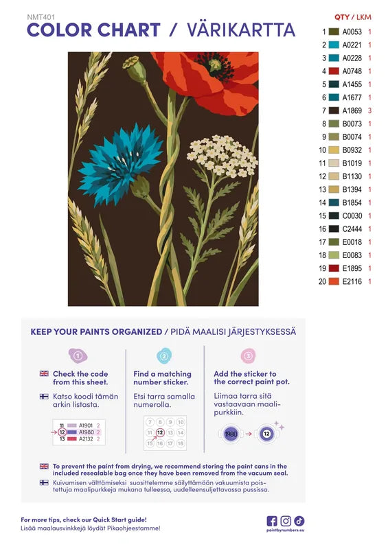 Paint color chart and instructions - Pressed Together 30x40cm