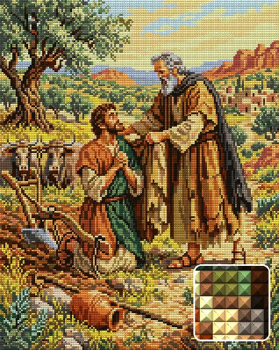 Prophet Blessing the Farmer, 40x50 cm diamond painting – finished design preview with a close-up of square drills
