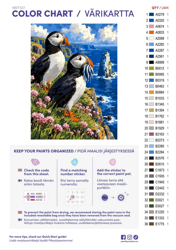 Färgkarta och instruktioner för Puffins on the Cliff