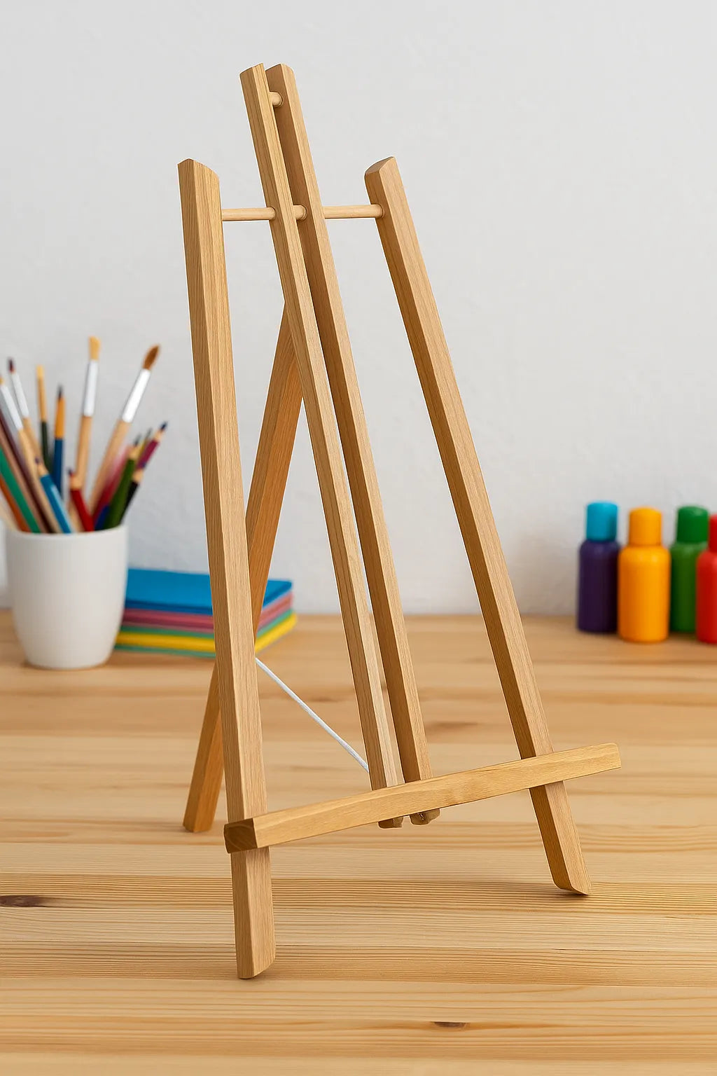 Kevyt puinen maalausteline askartelupöydällä. Teline on noin 50 cm korkea ja 27 cm leveä, täydellinen pöytäkäyttöön maalauksiin ja numeromaalauksiin. Taustalla näkyy siveltimiä ja värikkäitä maalaustarvikkeita.