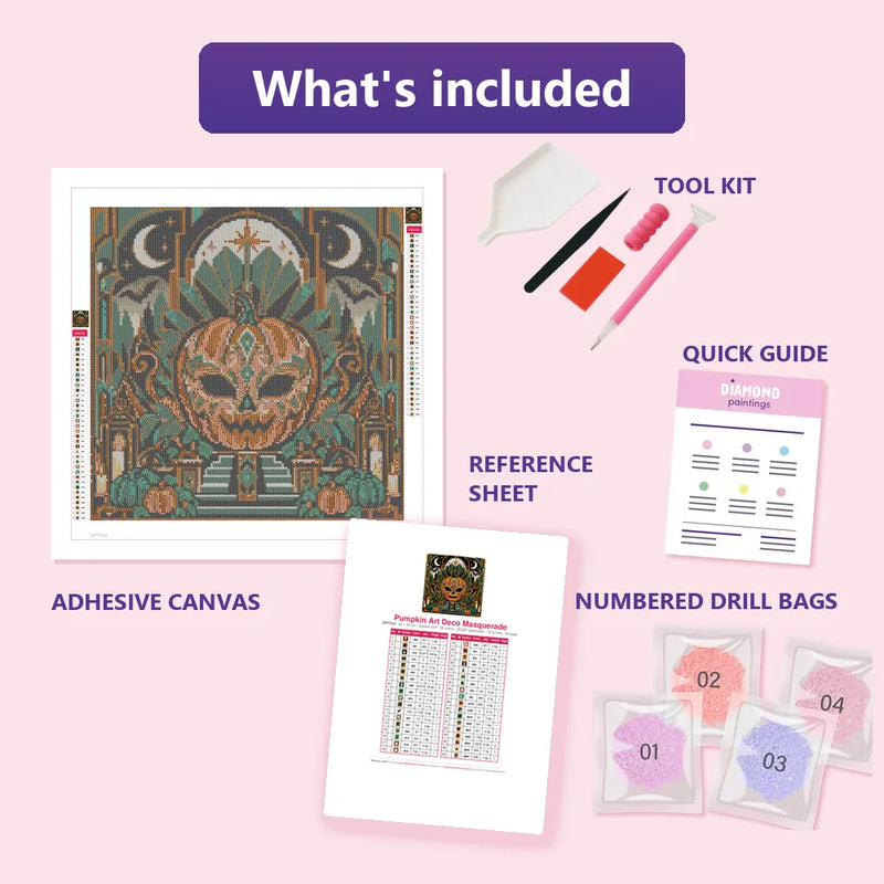 What is included in the Pumpkin Art Deco Masquerade diamond painting kit - adhesive canvas, reference sheet, tools and numbered drill bags
