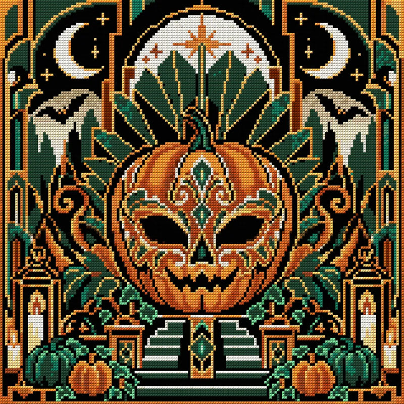 Pumpkin Art Deco Masquerade, 40x40 cm diamond painting – full design preview without the close-up inset