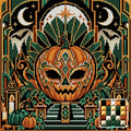 Thumbnail for Pumpkin Art Deco Masquerade, 40x40 cm diamond painting – finished design preview with a close-up of square drills