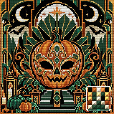 Pumpkin Art Deco Masquerade, 40x40 cm diamond painting – finished design preview with a close-up of square drills