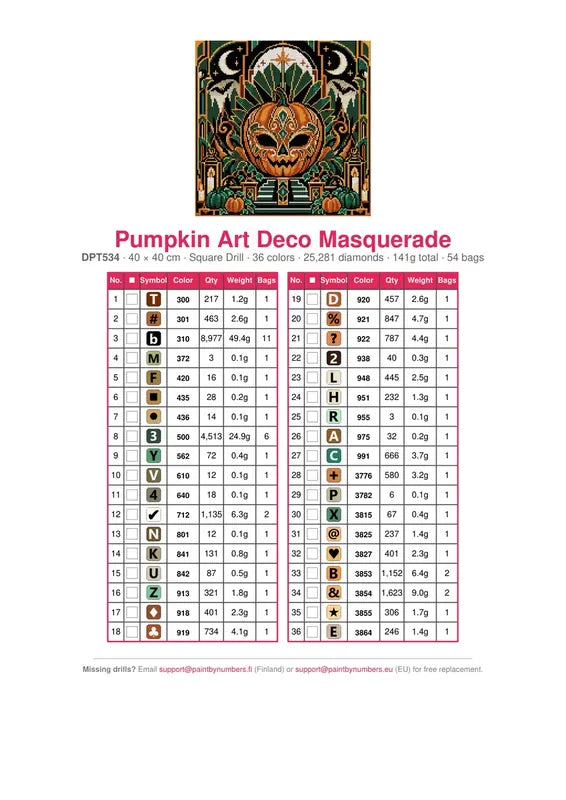 DMC color chart for Pumpkin Art Deco Masquerade diamond painting - 36 colors