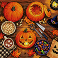 Thumbnail for overhead view of pumpkin carving on a wooden table, 50x50 cm diamond painting – full design preview