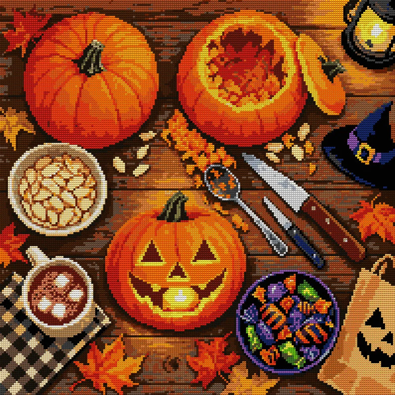 overhead view of pumpkin carving on a wooden table, 50x50 cm diamond painting – full design preview