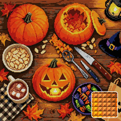 overhead view of pumpkin carving on a wooden table, 50x50 cm diamond painting – design and close-up of square drills