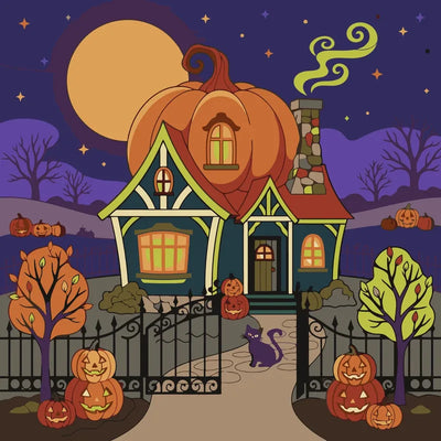 Pumpkin house and black cat Halloween paint by numbers.