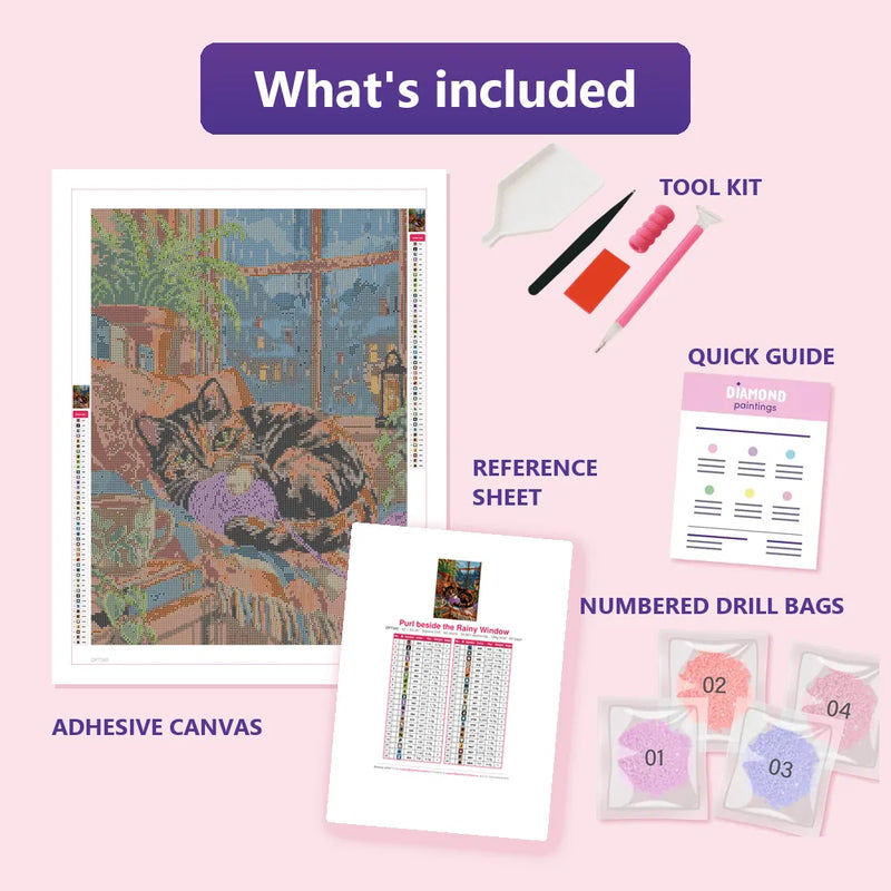 What is included in the Purl beside the Rainy Window diamond painting kit - adhesive canvas, reference sheet, tools and numbered drill bags