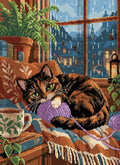 Miniatyrbild: Randig katt med violett garnnystan på soffa vid regnigt fönster, böcker och krukväxter