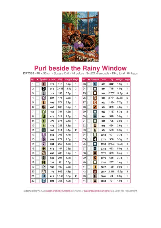 DMC color chart for Purl beside the Rainy Window diamond painting - 44 colors