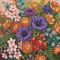 Miniatyrbild: Diamantmönster: färgglada blommor, gröna blad och granatäpplen mot en varm bakgrund