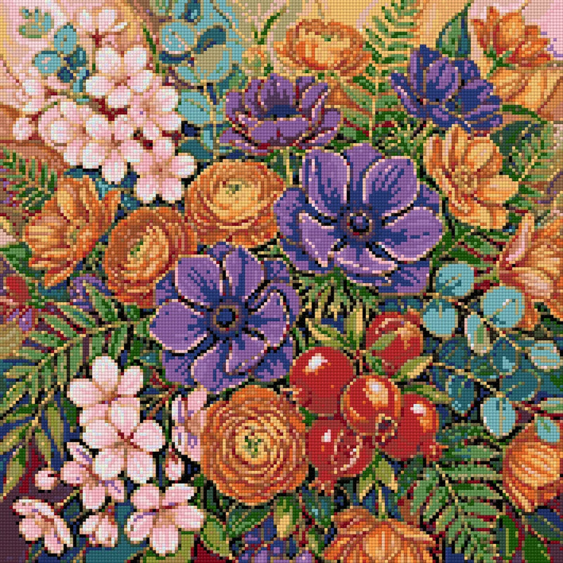 Diamantmönster: färgglada blommor, gröna blad och granatäpplen mot en varm bakgrund