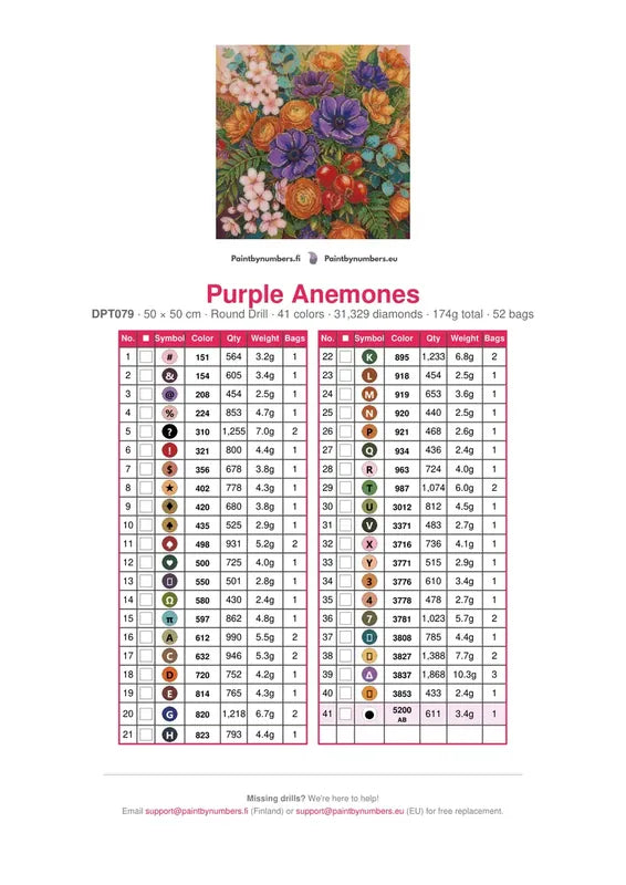 Purple Anemones diamond painting color chart – 41 DMC colors