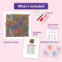 Thumbnail for Purple Anemones 50x50cm diamond painting kit contents: adhesive canvas, color chart, tools and diamond bags