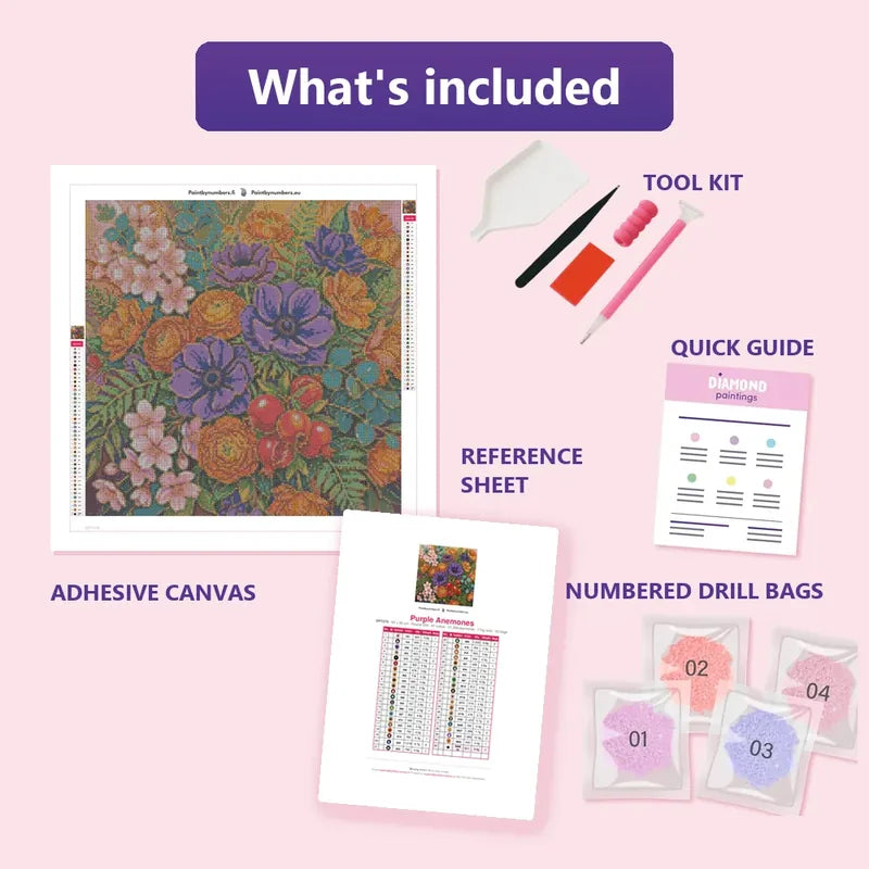 Purple Anemones 50x50cm diamond painting kit contents: adhesive canvas, color chart, tools and diamond bags