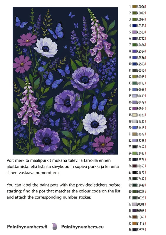 Paint color chart and instructions - Purple Flowers and Blue Butterflies 50x70cm