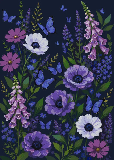 Purple flowers and blue butterflies paint by numbers. Floral design on dark background.