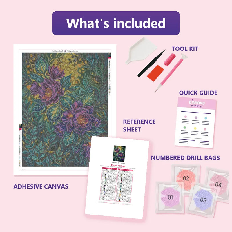 What is included in the Purple Foliage diamond painting kit - adhesive canvas, reference sheet, tools and numbered drill bags