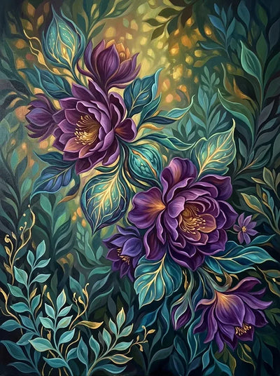 Diamond Painting featuring purple peonies and green-gold leaves in an artistic composition.