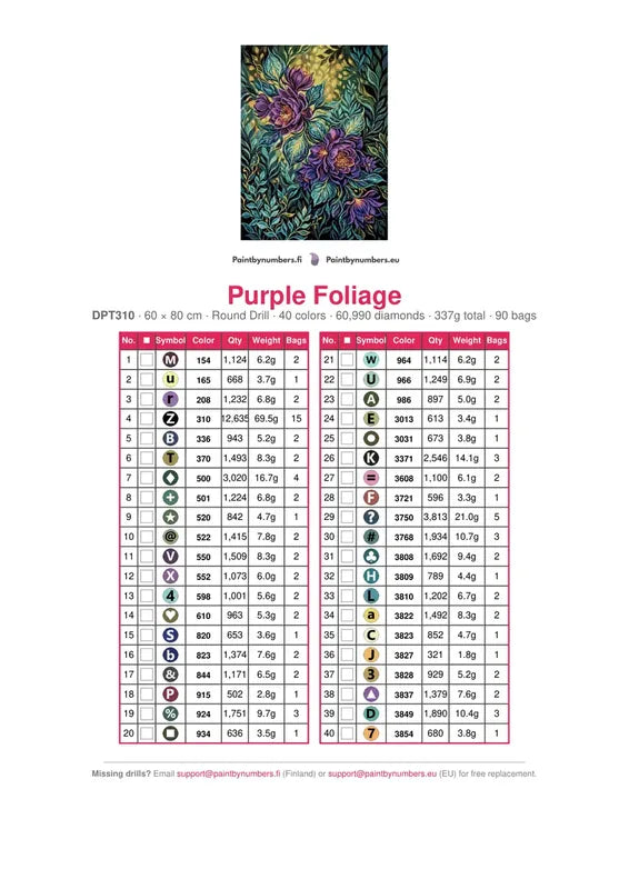 DMC color chart for Purple Foliage diamond painting - 40 colors