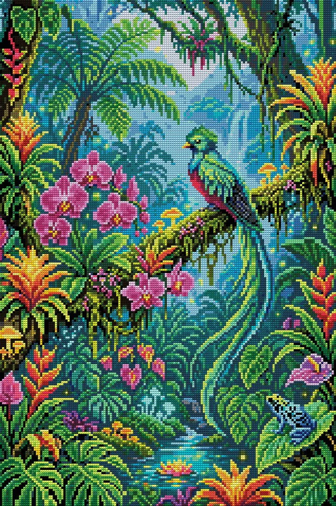 Quetzal Bird in Enchanted Jungle, 40x60 cm diamond painting – full design preview without the close-up inset