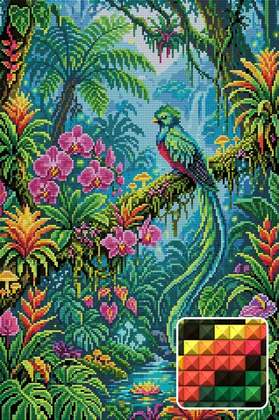 Quetzal Bird in Enchanted Jungle, 40x60 cm diamond painting – finished design preview with a close-up of square drills